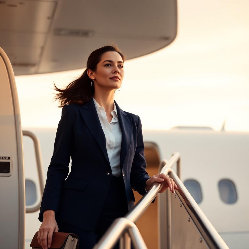 Executiva embarcando em avião ao amanhecer