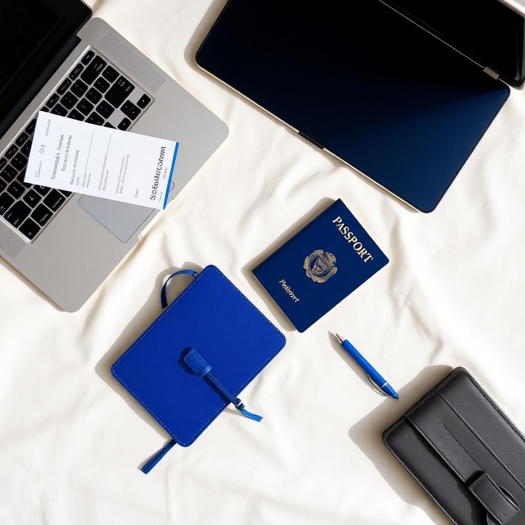 Mesa flat lay com laptop, passaporte e boarding pass
