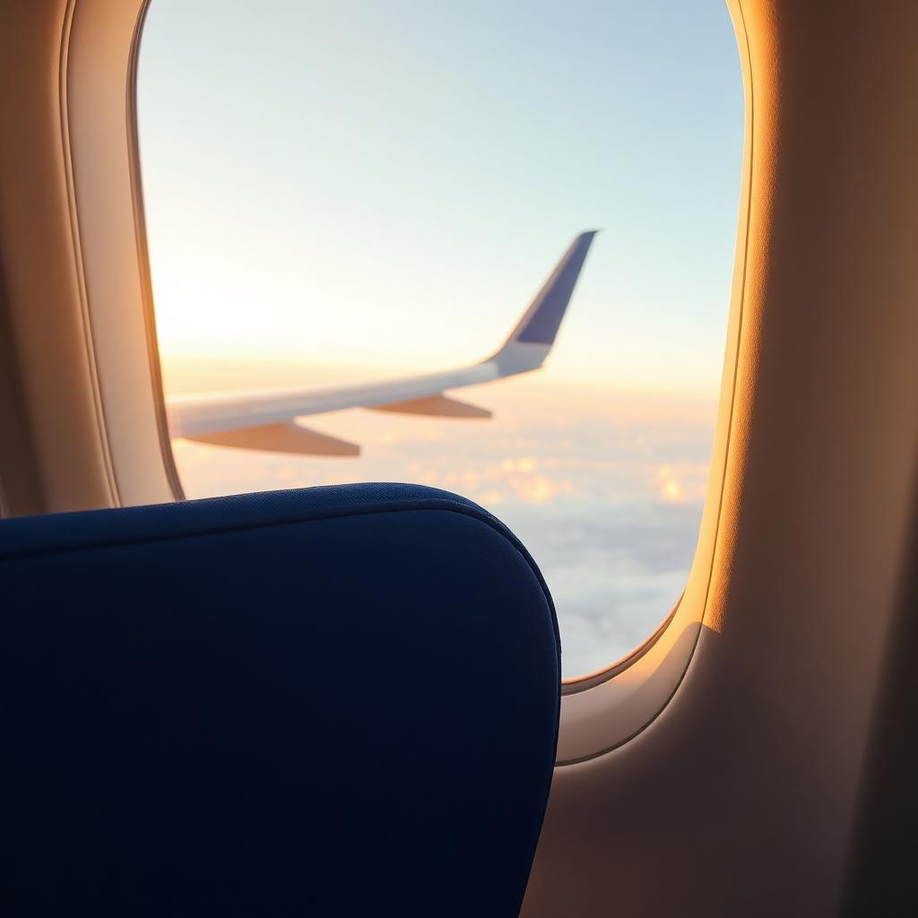 Vista do céu pela janela do avião ao pôr do sol